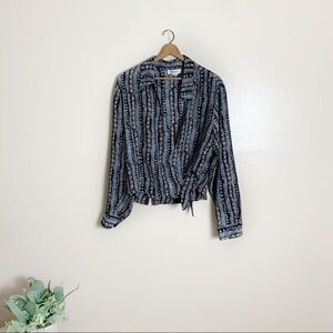 [San Andre] 1X Vintage Blue & Brown Print Long Sleeve Wrap Top